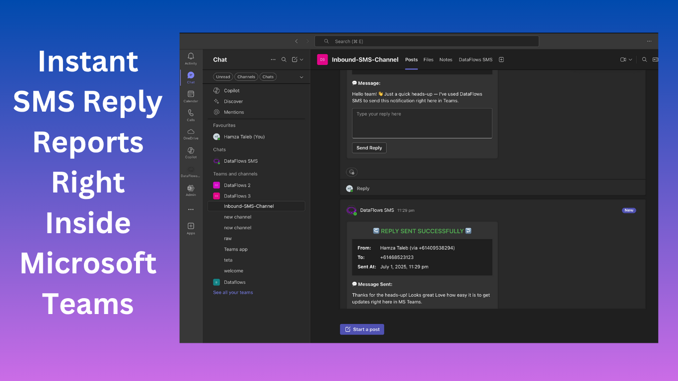 SMS reply confirmation in Microsoft Teams showing successful message delivery